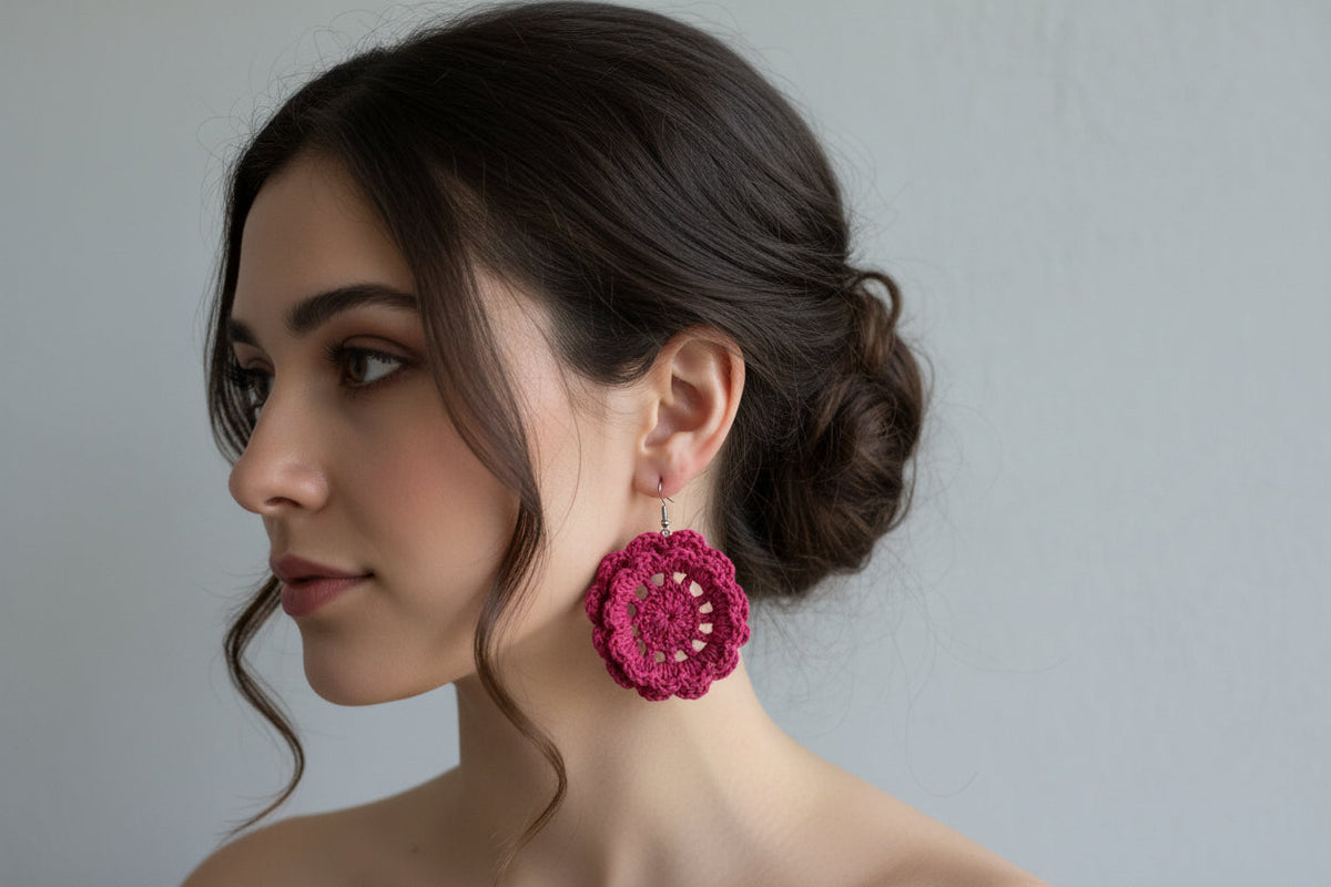 Women’s Handmade Pink Crochet Flower Earrings – Boho Floral Drop Design